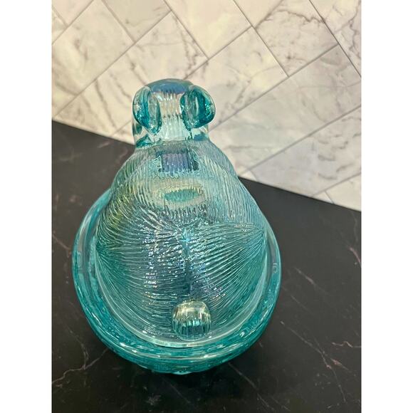 Teal Iridescent Glass Bunny Covered Dish – Hen on Nest Style - Picture 4 of 6